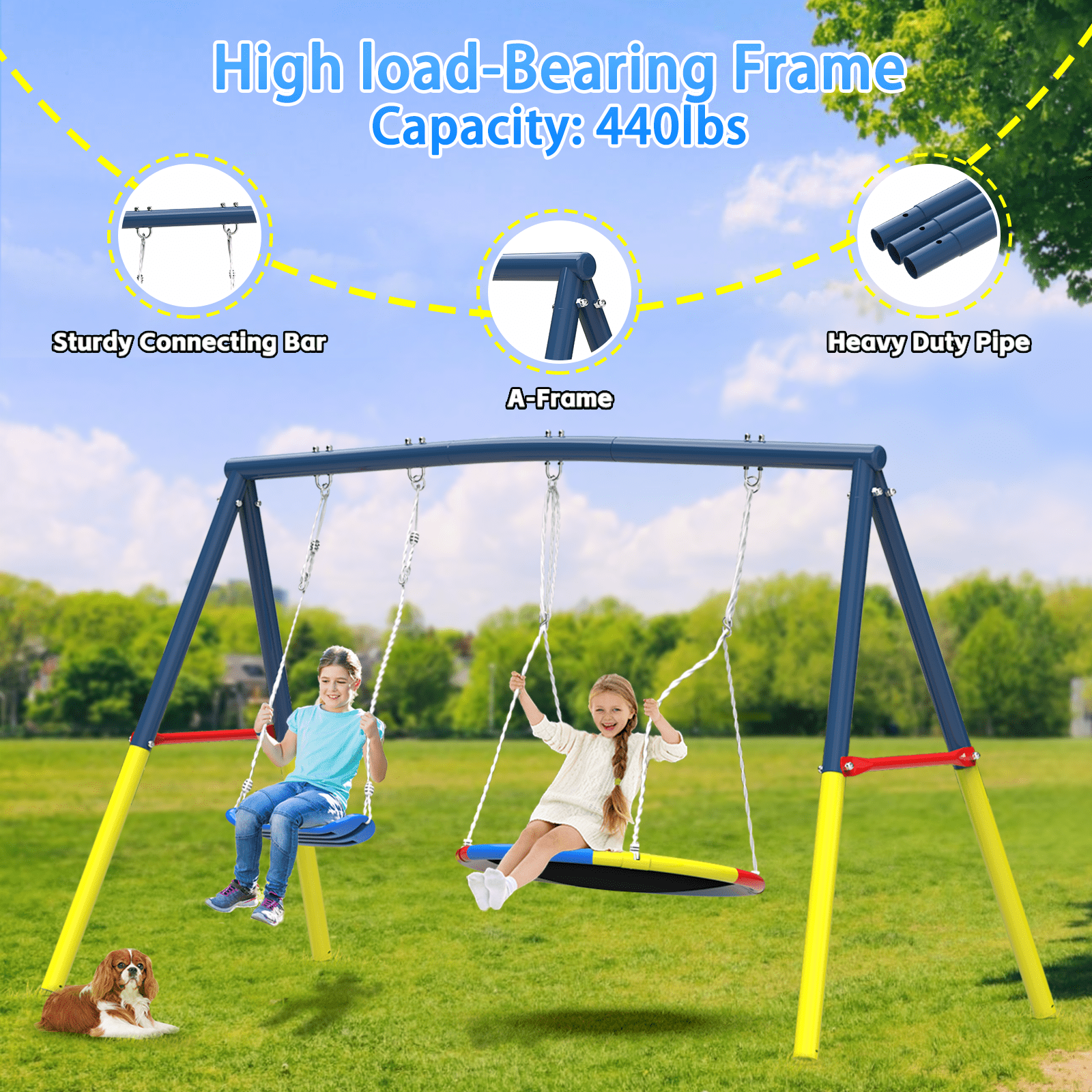 Mersco 15FT Heavy Duty Trampoline with Enclosure Net ,Swing Set Outdoor Big Trampoline for Backyard, Kids Trampoline with Basketball Hoop, Kids Birthday and Festival Gifts,Blue
