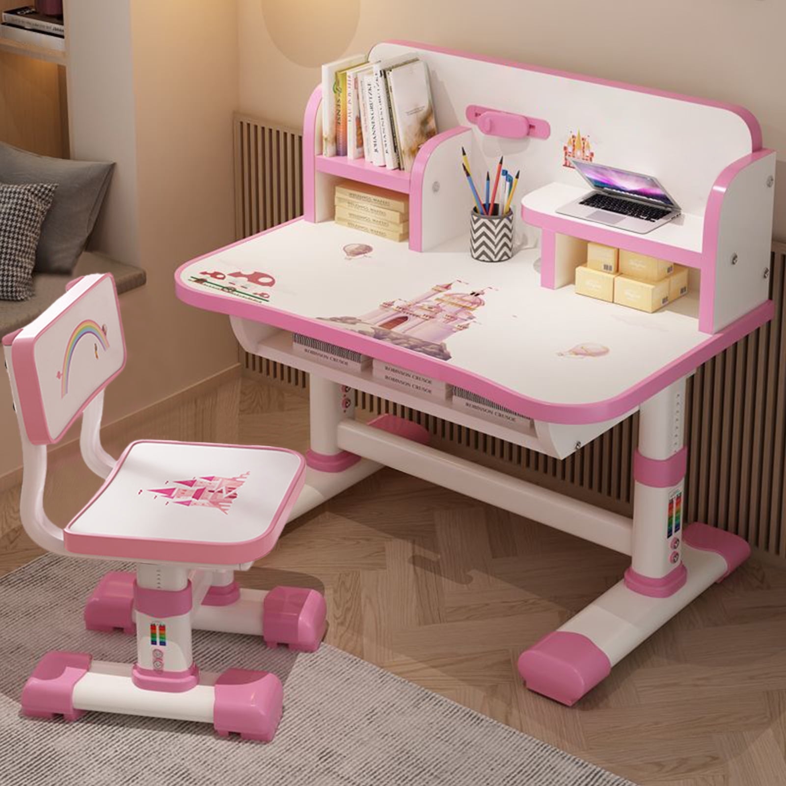 Fompes Kids Study Desk and Chair Set Children School Study Drawing Desk Chair Height Adjustable Kids Table Desk and Chair Set with with Large Writing Board Bookshelf and Book Bucket - Pink