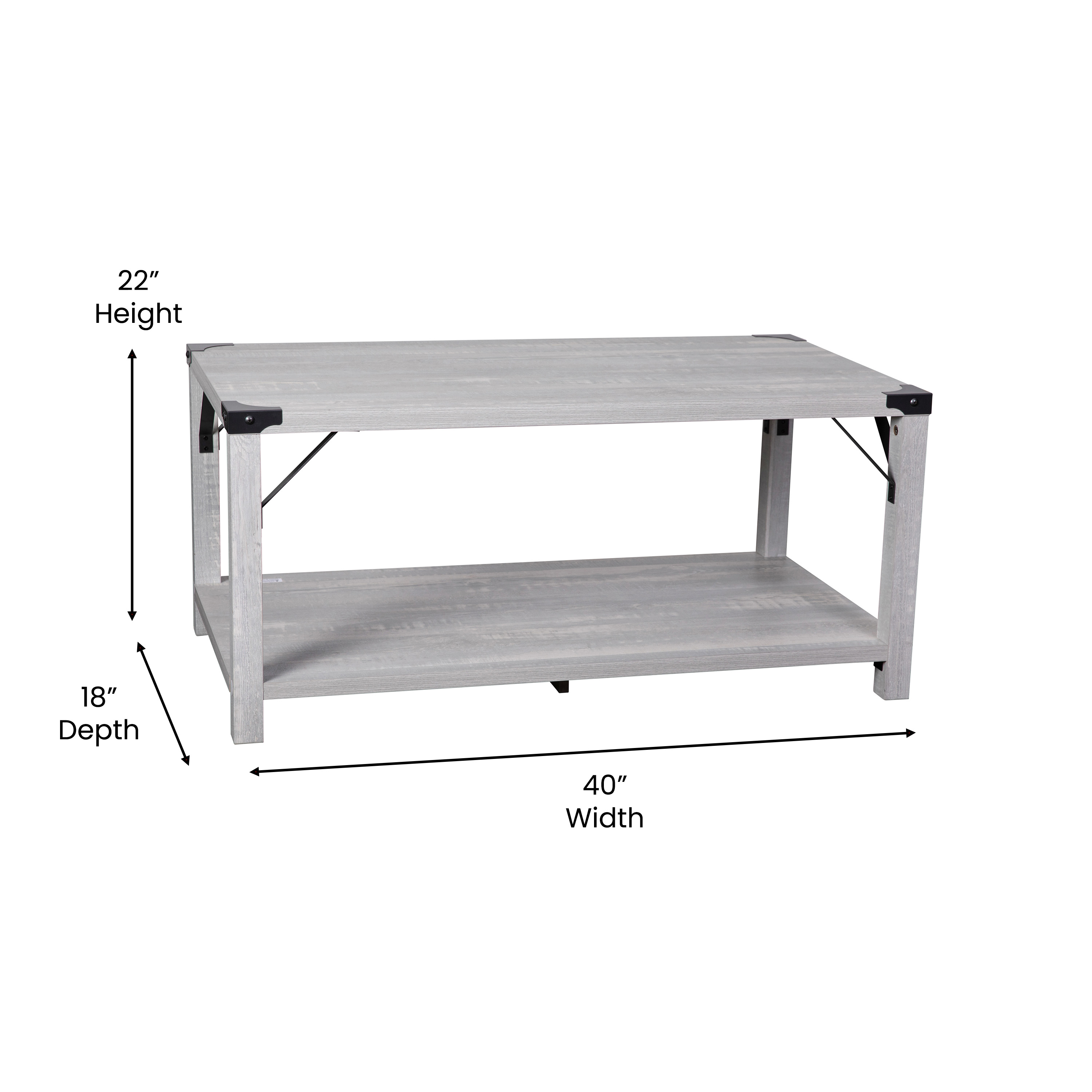 BizChair Modern Farmhouse Wooden 2 Tier Coffee Table with Black Metal Corner Accents and Cross Bracing, Aspen Gray