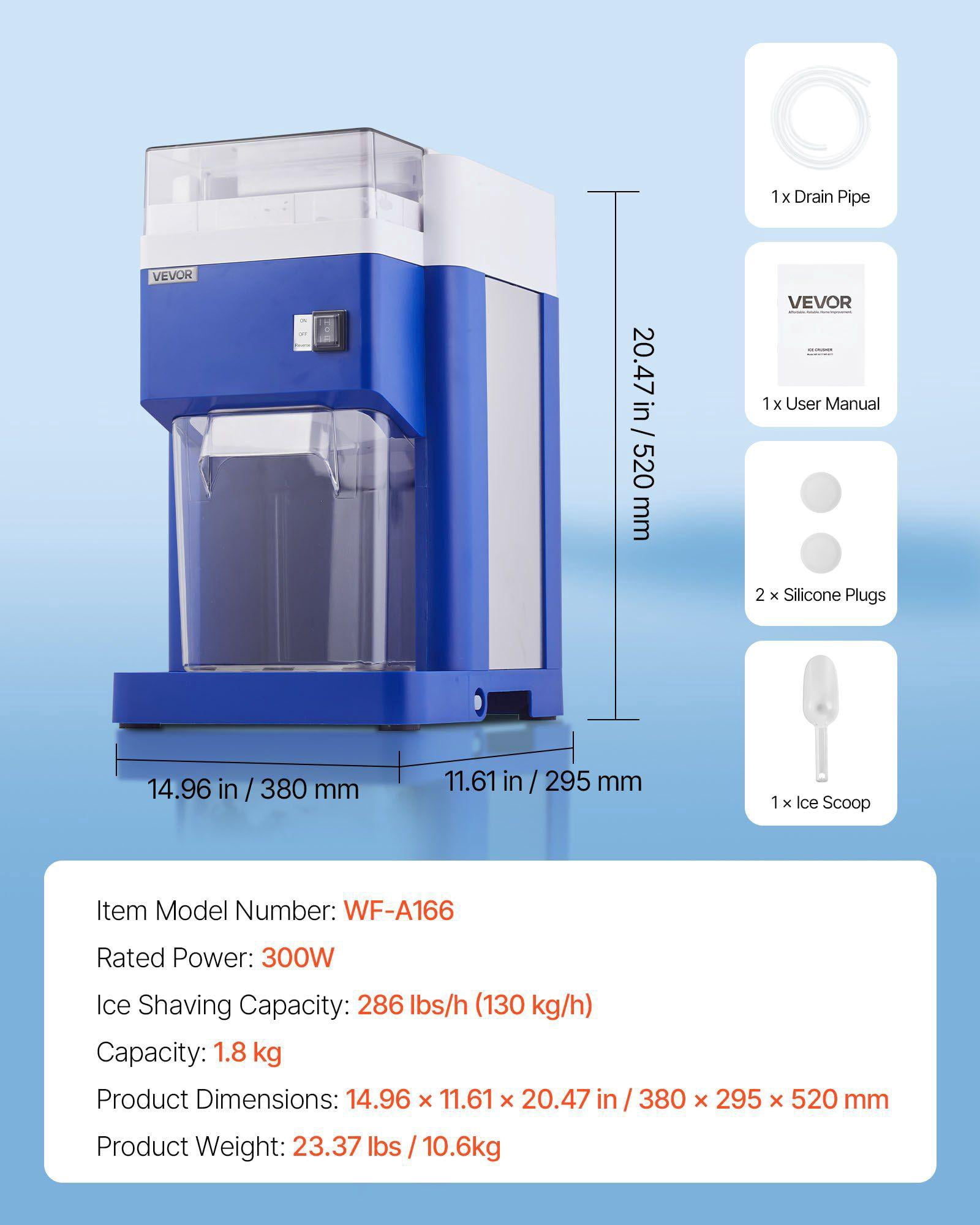 Commercial Ice Shaver Machine 1.91QT 1.8L Large Electric Snow Cone Maker 300W Motor Stainless Steel Blades Fine Fluffy Shaved Ice for Home Party Restaurant Dessert Shop Blue