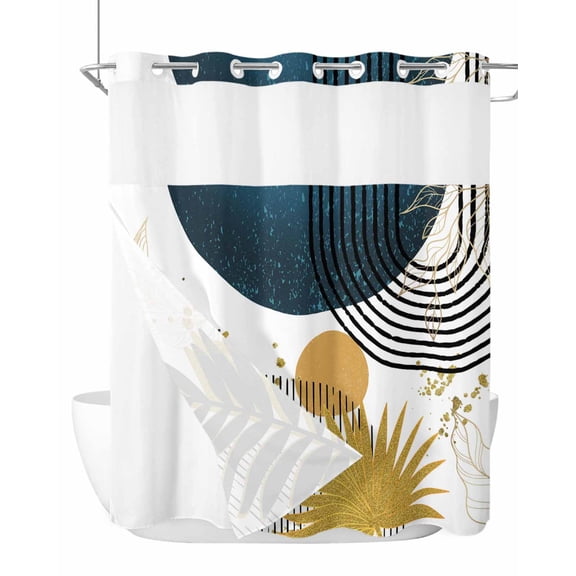 No Hook Shower Curtain, Boho Middle Century Standard Shower Curtain with Snap in Liner, Navy Blue Yellow Abstract Sun Modern Waterproof Washable Fabric Bathroom Curtains Sets, 72" x 72"