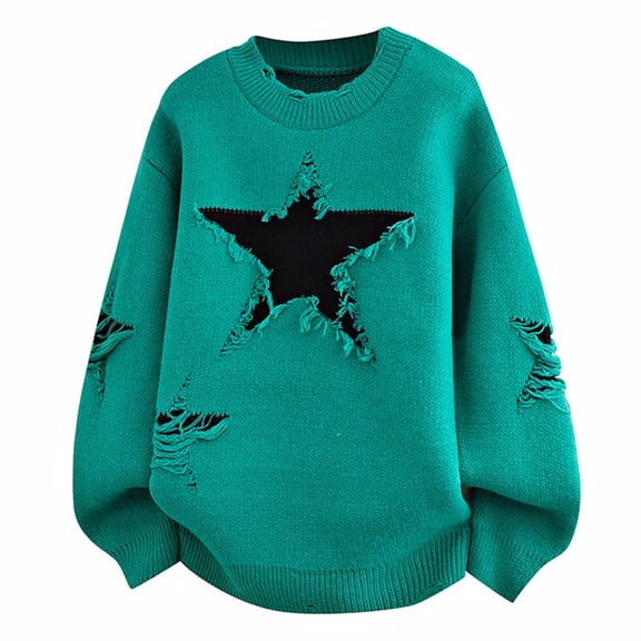 Lopecy-Sta Men's Pullover Sweaters Y2k Oversized Sweater Star Print Crew Neck Long Sleeve Fall Knit Sweater
