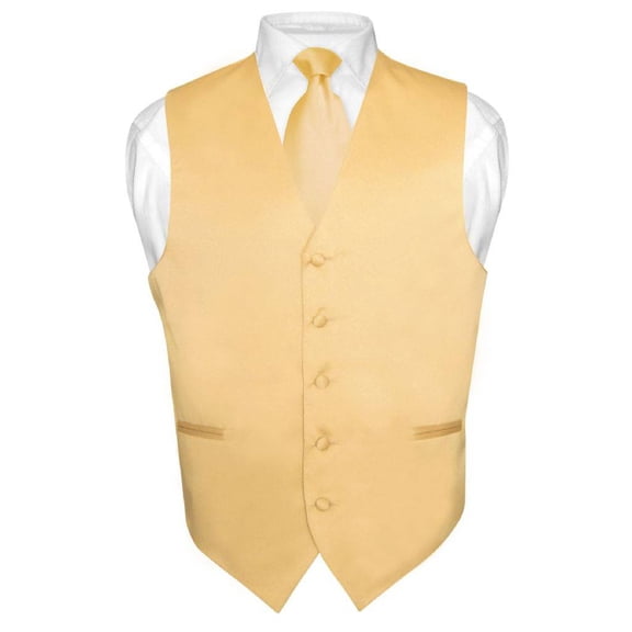 Men's Dress Vest & NeckTie Solid GOLD Color Neck Tie Set for Suit or Tux sz Med