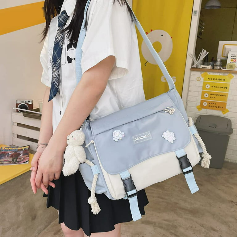 Aesthetic Messenger Bag with Stuffed Pendant and Pins Kawaii Crossbody Bag  for Women Girls School Messenger Bag 