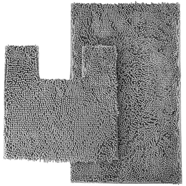 Bath Mat Set by LuxUrux, Bathroom Rugs Sets 2 Piece Soft Plush Bath Rug +Squared Cut Out Toilet Mat.1 Microfiber Shaggy Carpet, Super Absorbent (Curved Set Square, Light Grey)