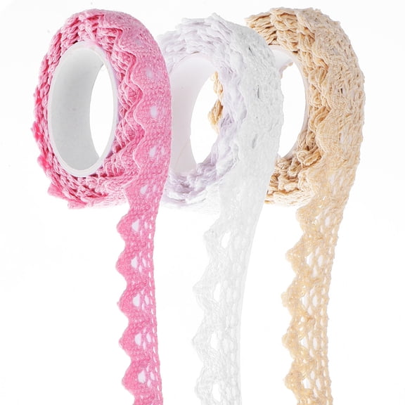 RUNROTOO 3 Rolls Self-Adhesive Lace Tape for Artistic and Craft Uses Pink White Beige