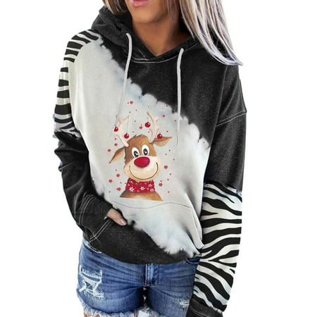 

Merry Shirt for Women Casual Xmas Elk Printed O-Neck Colorblock Hoodies Top Long Sleeve Tunic Puloover
