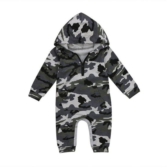 Franhais Baby Boy Camouflage Romper, Long Sleeve Hooded Jumpsuit, One-piece Pocket Playsuit