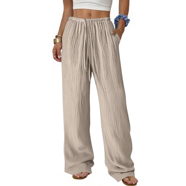 TaTaai Spring Autumn Solid Color Women Straight Leg Pants Elastic Waist Pocket Design Machine Washable No Fading Versatile Casual Daily Full Length Trousers Gift