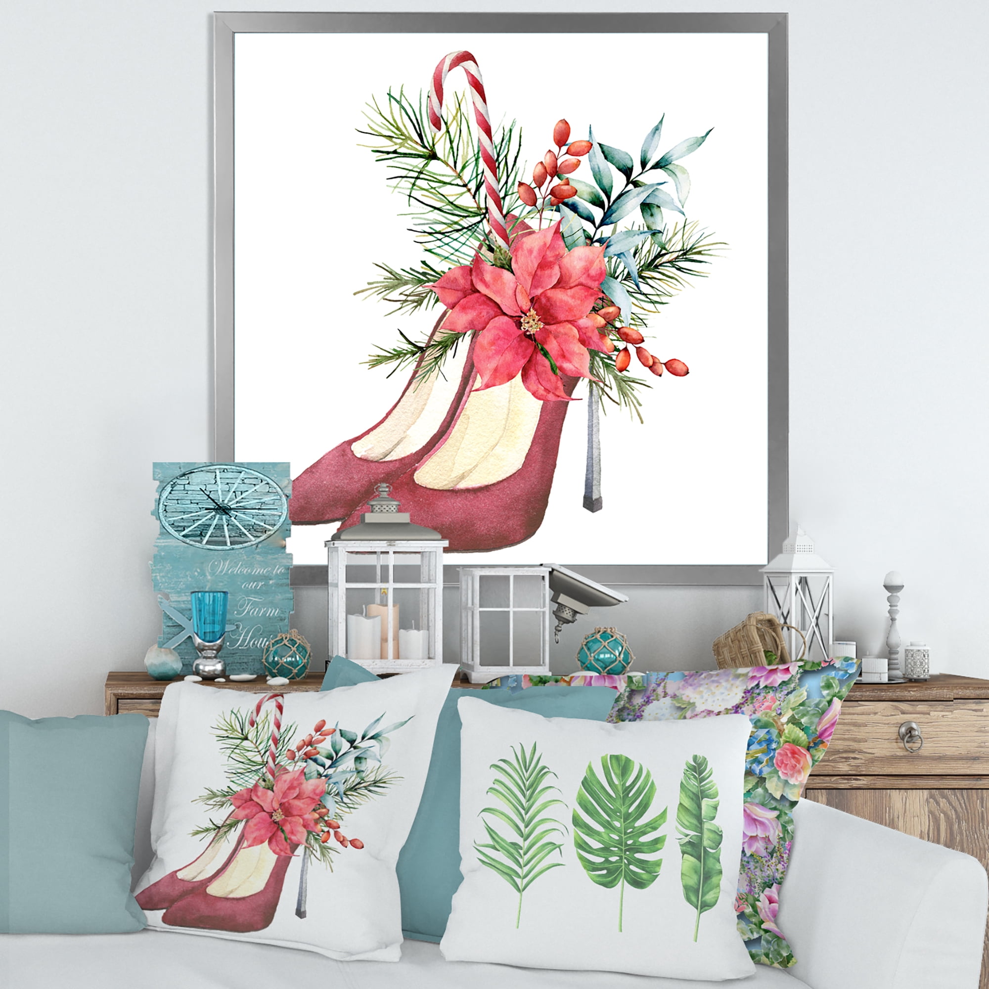 Designart 'Red Suede Heeled Shoes With Christmas Red Floral Decor' Traditional Framed Art Print
