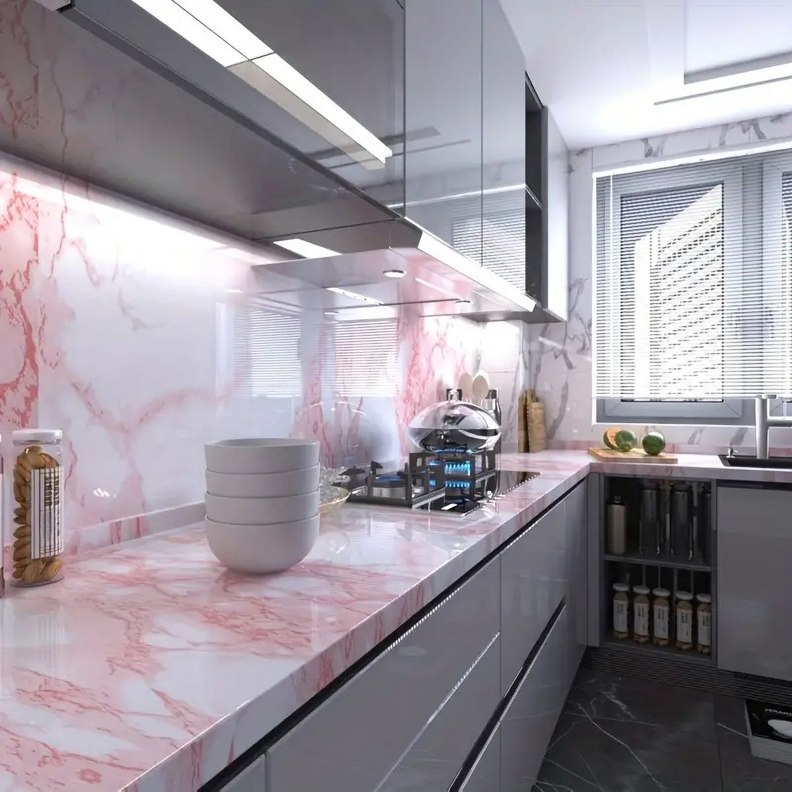 Luxurious Pink Glossy Marble Pattern Thick Sticky Wallpaper - Perfect for Kitchen, Bathroom, and Desktop Furniture Renovation, A (pink 10703,40cm x 200cm)