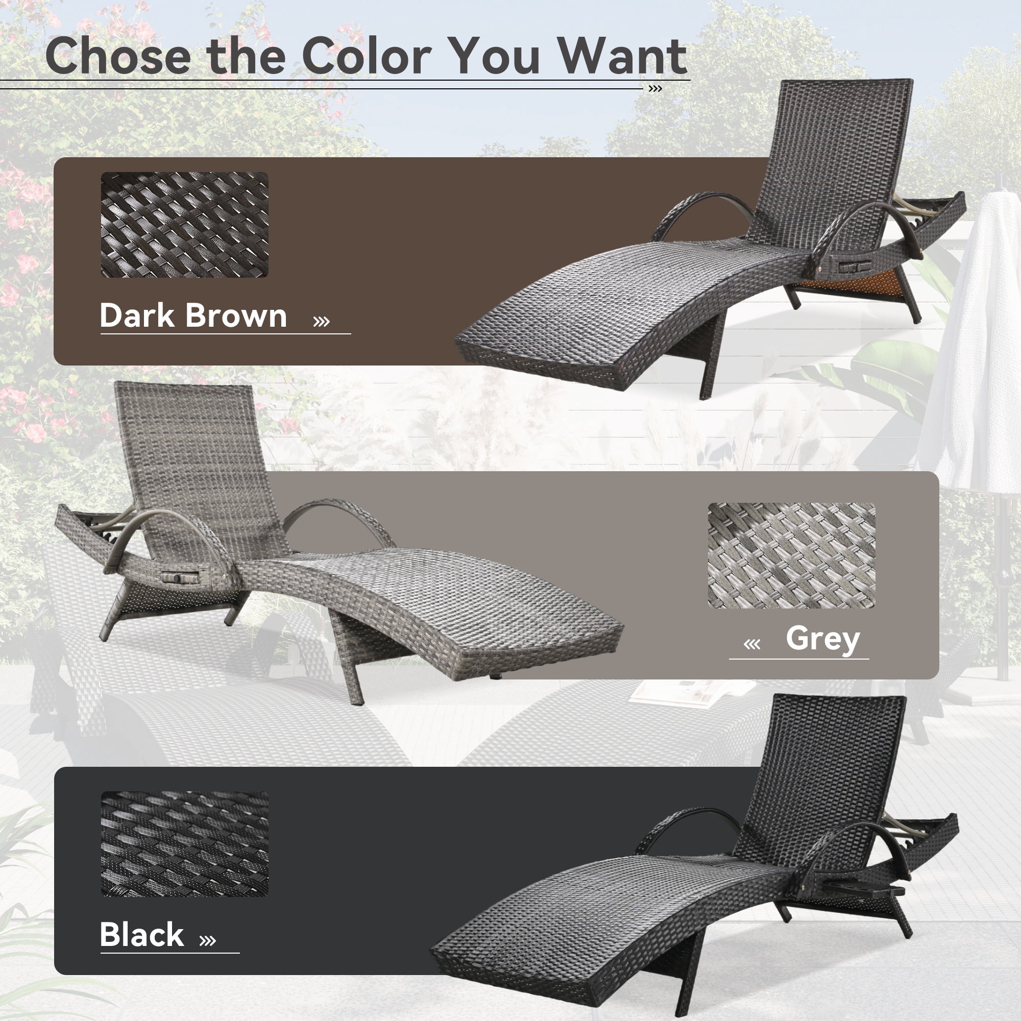 Alvantor Outdoor Wicker Lounge Chairs Set of 2, Wave Chaise Recliners Chair w Side Table for Pool Patio Black