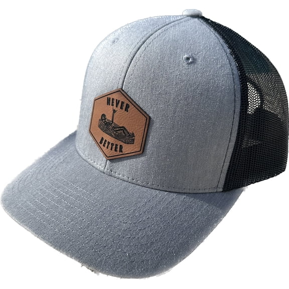 Never Better Skeleton Coffin Shaka Hat Mesh Trucker Snapback Hat Leather Patch Hat (Heather Grey)