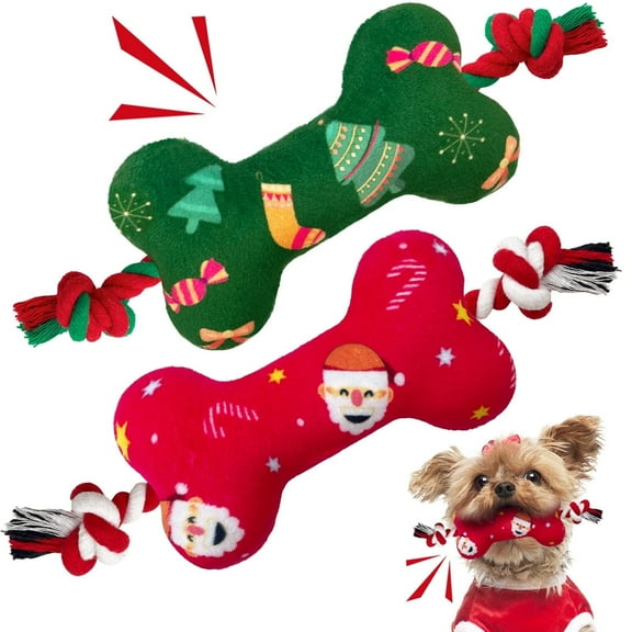 2 Pack Christmas Dog Toys for Small and Medium Dogs, Soft Squeaky Dog Toys with Cotton Rope