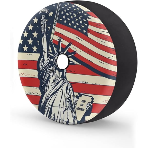 4th of July American Flag Spare Tire Cover with Camera Hole Statue Liberty Wheel Tire Cover Fit for RV Trailer SUV Jeep Truck