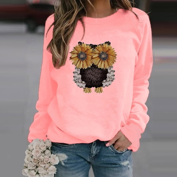 Puntoco mujeres o-cuello encantador búho impresión cómoda manga larga sudadera tops Puntoco Puntoco-1498