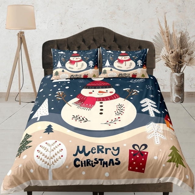 Navidad Juego de Funda Nórdica con Almohadas Snow Man Invierno Dormitorio Ropa de Cama Consolador