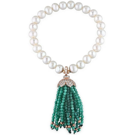 Tangelo 5.5-6mm White Cultured Freshwater Pearl 11-1/4 Carat T.G.W. Cubic Zirconia and Green Agate Rose Rhodium-Plated Sterling Silver Tassel Bracelet, 7