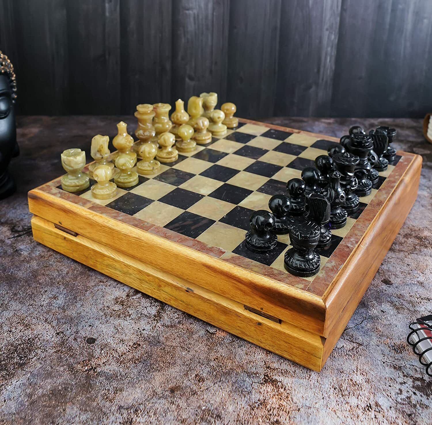 12" Wooden and Marble Chess Sets Handmade Chess Board Game Set Marble Piece