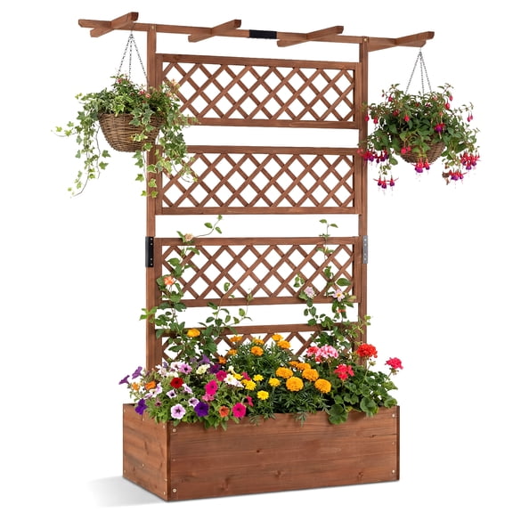 Gymax 72'' Wooden Planter Box w/Lattice Trellis Flat Roof Drainage for Climbing Plant Brown