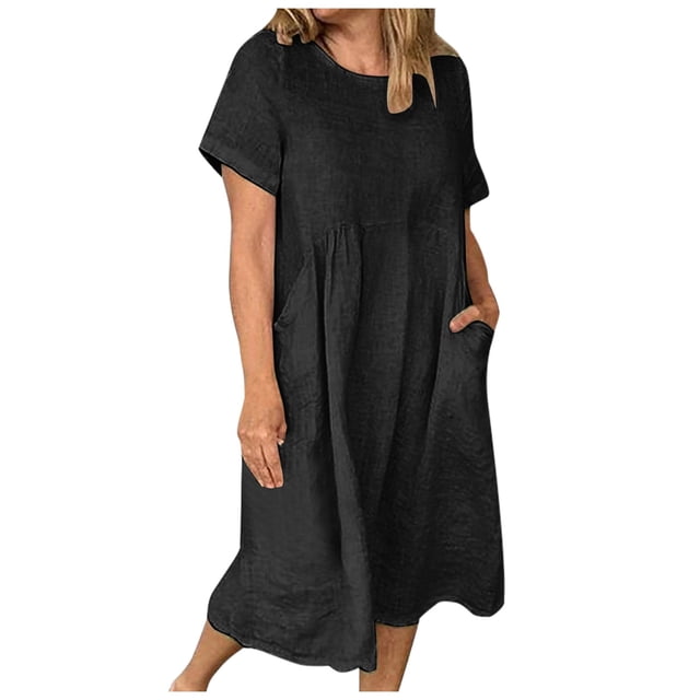 GYUJNB Robe Maxi d'Été en Coton et Lin pour Femmes Manches Courtes Col Rond Longue Coupe Décontractée avec Poches