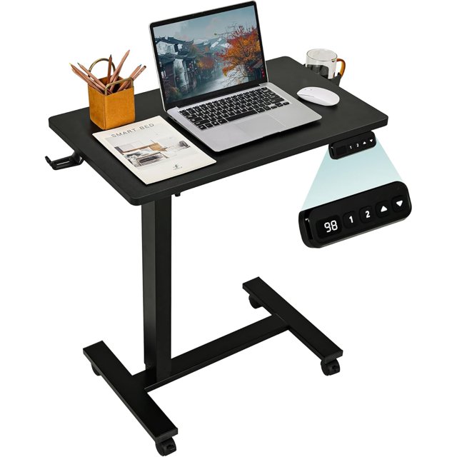 Table Électrique au-Dessus du Lit avec Roues, Tables d'Appoint Réglables en Hauteur pour Chevet, Sofa et Fauteuil Inclinable, Petit Bureau Roulant en Forme de C pour Ordinateur Portable pour Bureau à Domicile, Noir