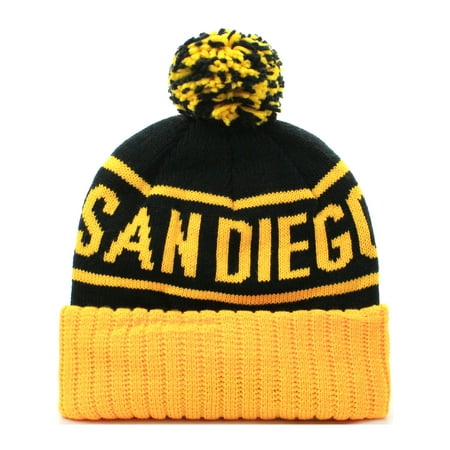 - American Cities San Diego Cuff Beanie Cable Knit Pom Pom Hat Cap - Black Yellow