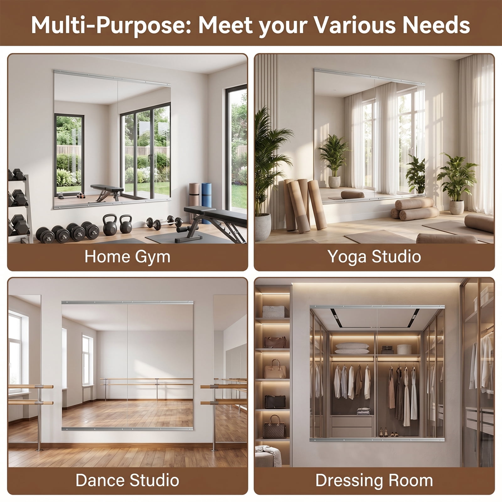 Easy4Home 23"x67" 2 Pack Home Gym Mirror Tempered Glass Frameless Full Length Mirror Wall Mounted Yoga Mirror