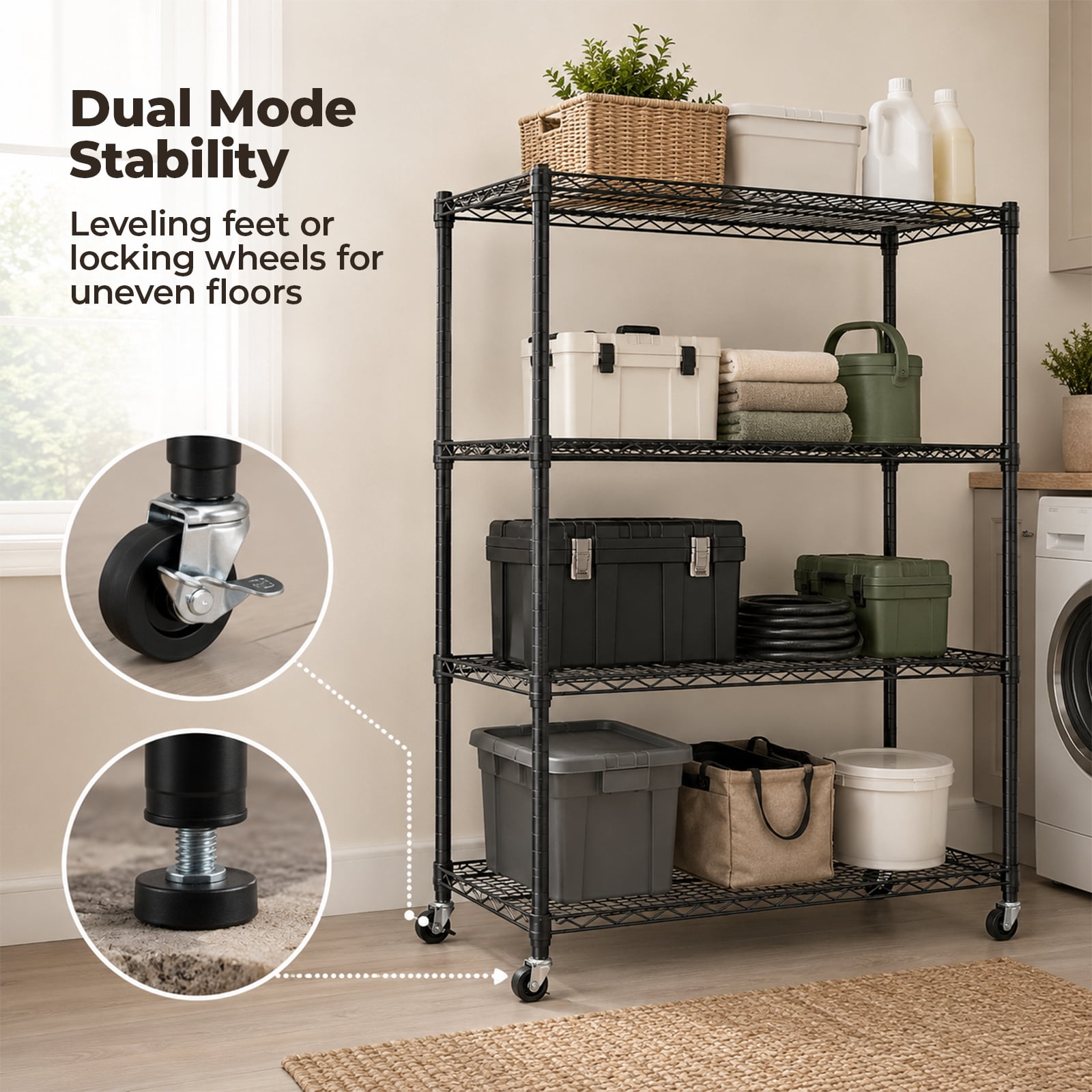 Alvantor 3/4/5 Tier Heavy Duty Adjustable Metal Shelf with Wheels, No-Tool Assembly, Suitable for Garages, Kitchens, Storage Rooms, Laundry Rooms and Offices