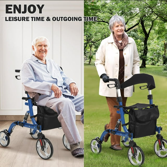 EDTara Marchette et Fauteuil Roulant Pliants 2-en-1 pour Aînés, Déambulateur Capacité de 300 Lb avec Roues Tout-Terrain, Système de Sécurité à Double Frein, Sac de Rangement Amovible et Cadre en Aluminium Léger