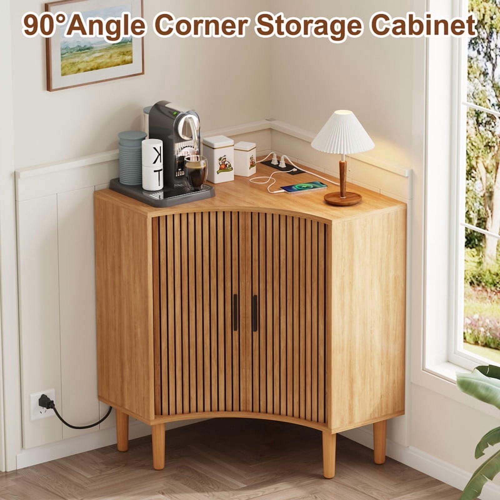 Fluted Corner Cabinet with Charging Station, Small Corner Floor Cabinet with Sliding Doors, Modern Wooden Freestanding Narrow Storage Organizer for Living Room, Small Space,Dining Room, Bathroom