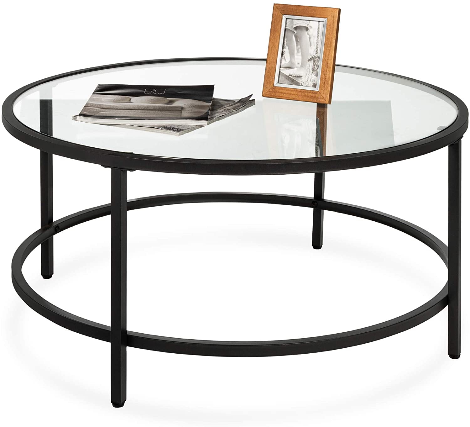 Elegant 36in Round Black Tempered Glass Coffee Table with Metal Frame