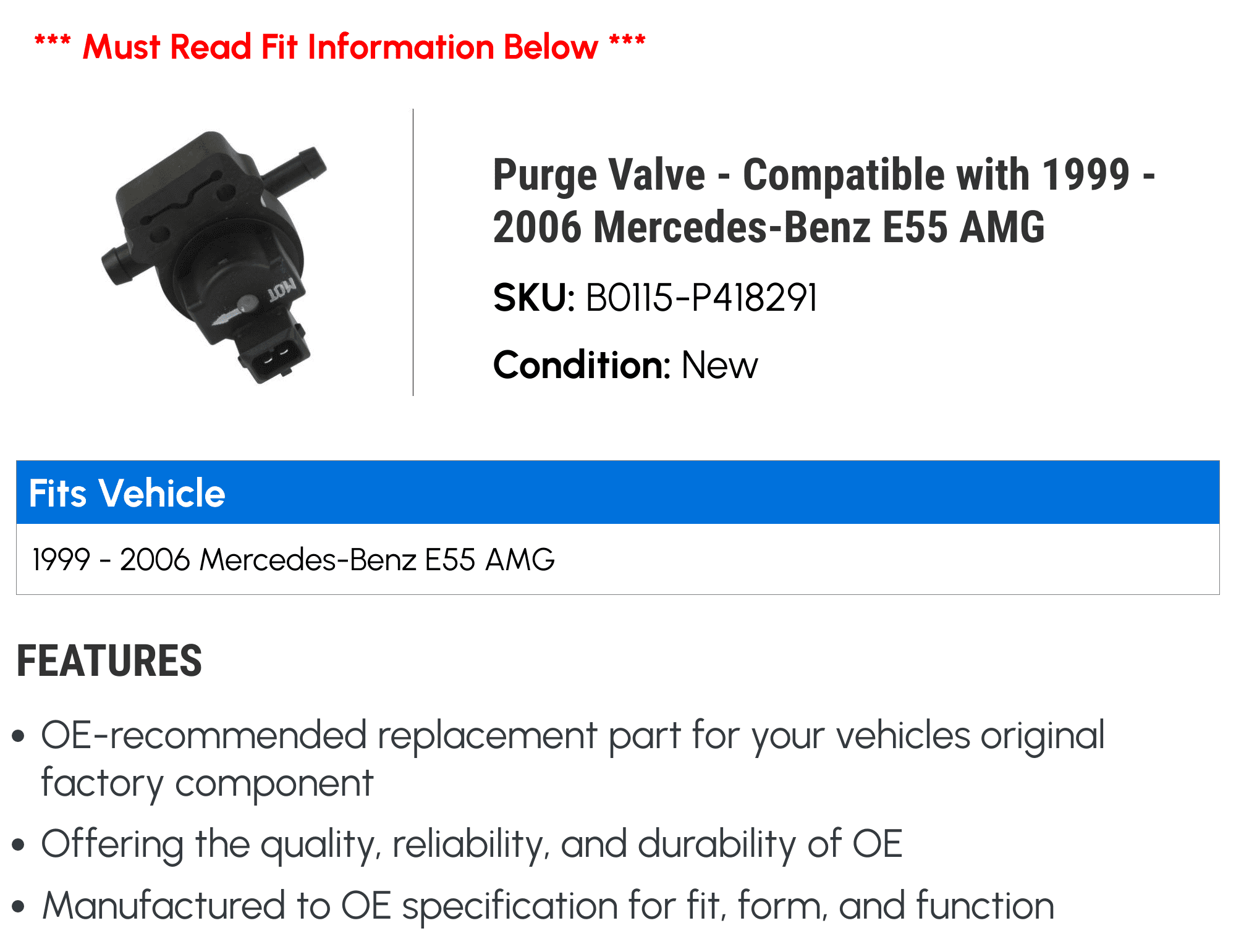Purge Valve - Compatible with 1999 - 2006 Mercedes-Benz E55 AMG 2000 2001 2002 2003 2004 2005