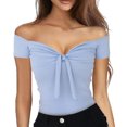 thumbnail image 4 of Blusa de manga corta con lazo en la parte delantera para citas informales, compras y viajes Top azul cielo con hombros descubiertos, 4 of 6
