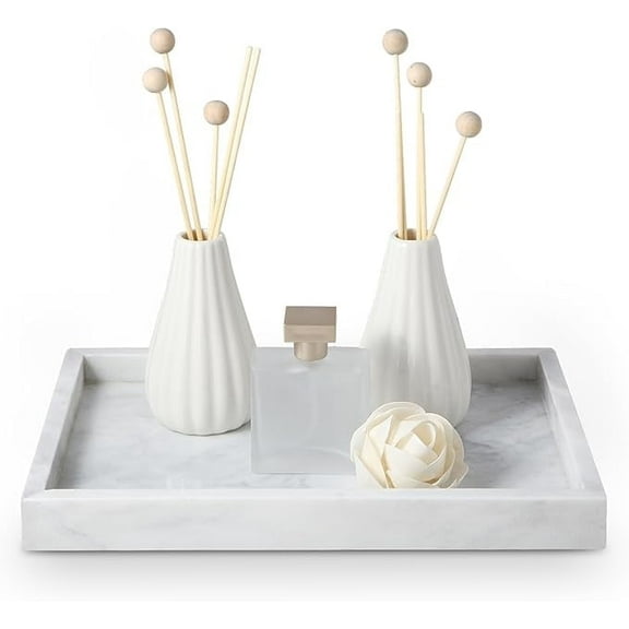 Natural Marble Tray, 12" x 8" Serving Tray for Kitchen & Home Decor - Natural Marble Vanity Organizer, White