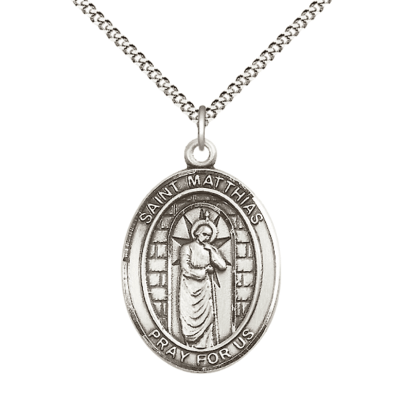 .925 Sterling Silver Patron Saint St. Matthias the Apostle Medal Pendant with 18" Rhodium Plated Lite Curb Brass Chain Catholic Religious Necklace - Made in USA,Deluxe Velvet Gift Box