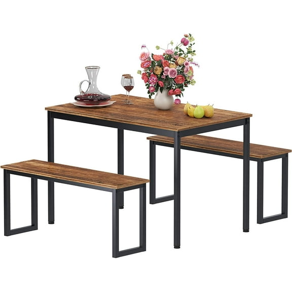 SOGES 3 Piece Dining Set 45inch Dining Table with Benches for 4, Wood Dining Table for Kitchen, Iron Frame, Brown