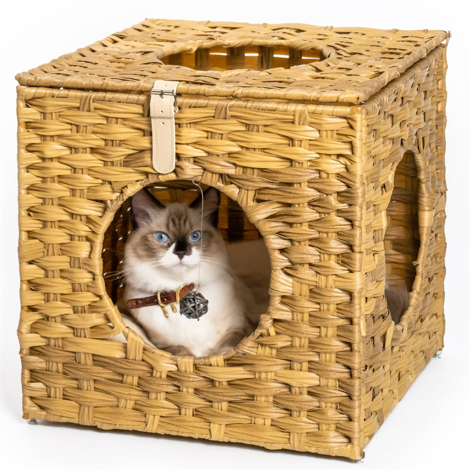 Pefilos 15.7 Inch Rattan Cat Bed, Wicker Kitten House Square Condo with Rattan Ball and Cushion, Yellow Pefilos 15.7 Inch Rattan Cat Bed, Wicker Kitten House Square Condo with Rattan Ball and Cushion, Yellow