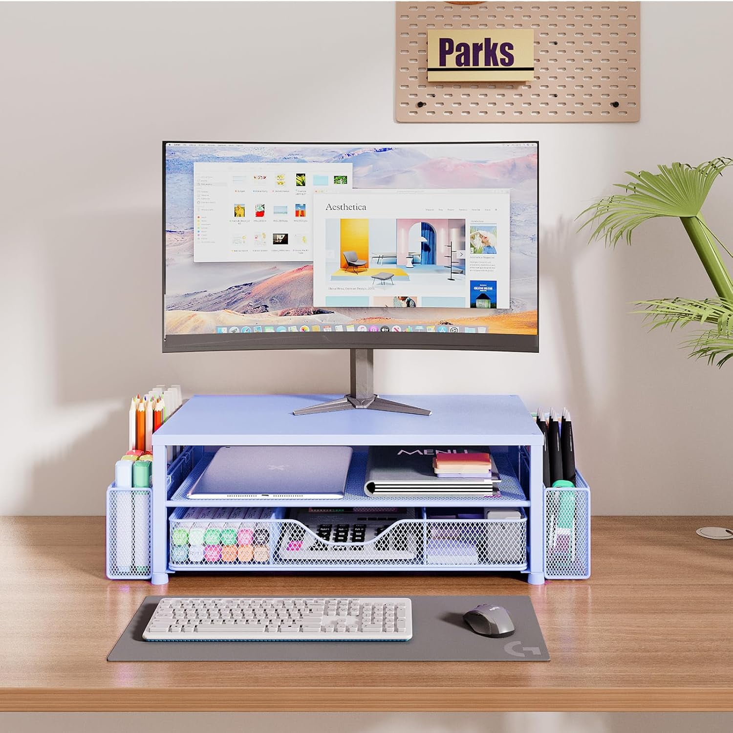 Ahot Desk Organizers and Accessories, 2-Tier Computer Monitor Stand Riser with Drawer and 2 Pen Holders, Laptop Stand, Office Desk Accessories for Office Supplies, Blue