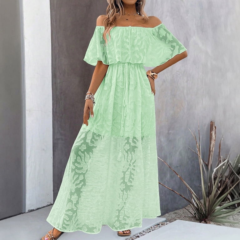 Mingw Womens Maxi Dresses Off the Shoulder Ruffle Long Casual Dresses Loose  Plain Elegant Flowy Wedding Guest Dress ,XL,Green - Walmart.com