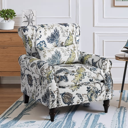 Wingback Accent Chair with Removable Pillow, High Back Floral Armchair with Solid Wood Legs & Nailhead Trim, Comfy Upholstered Reading Single Sofa Chair for Bedroom (1, Bird Floral Pattern)