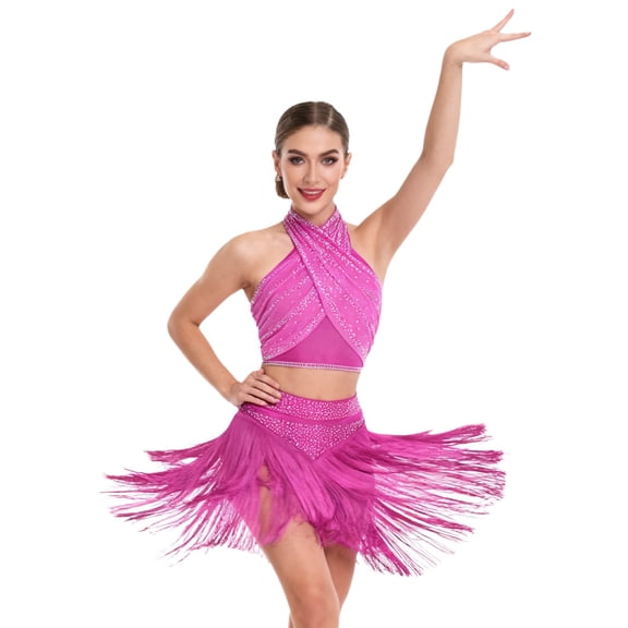 iiniim Women's Cha Cha Latin Salsa Dance Outfits Sleeveless Ruched Crop Top with Fringe Swing Skirt Hot Pink L