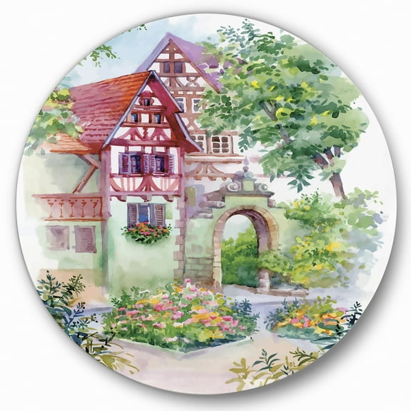 Designart 'Red Rustic House In The Country Side Landscape' Traditional Circle Metal Wall Art 36x36 - Disc of 36