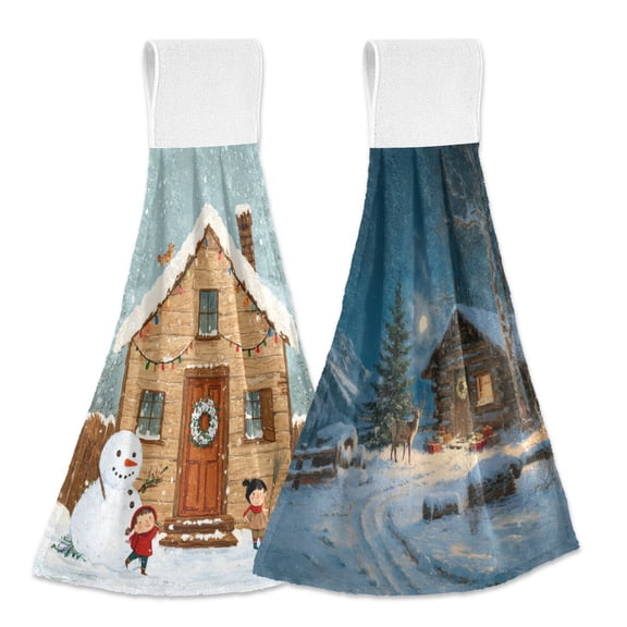 IAUYY Kitchen Hanging Towels Set of 2 100% Polyester Absorbent, Super Soft Hand Towels with Hanging Loops for Bathroom Kitchen Snow Covers Snow Cover