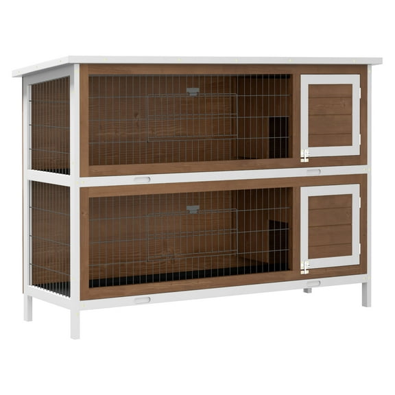 Rabbit Hutch 54" 2-Story Wooden Bunny Cage - Outdoor Indoor Pet House w/Lockable Doors & Waterproof Roof - Small Animal Habitat for Rabbits & Bunnies - Brown