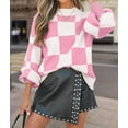 thumbnail image 4 of Women'S Fall Fashion Roll-Neck Long Sleeve Plaid Ribbed Knit Loose Pullover Sweater Tops Pink Checkered L, 4 of 9
