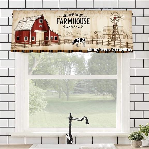 Farmhouse Barn Cow Windmill kitchen Curtain Valances for Windows For Indoor Living Room Bedroom Kitchen Decoration 54x18 inch