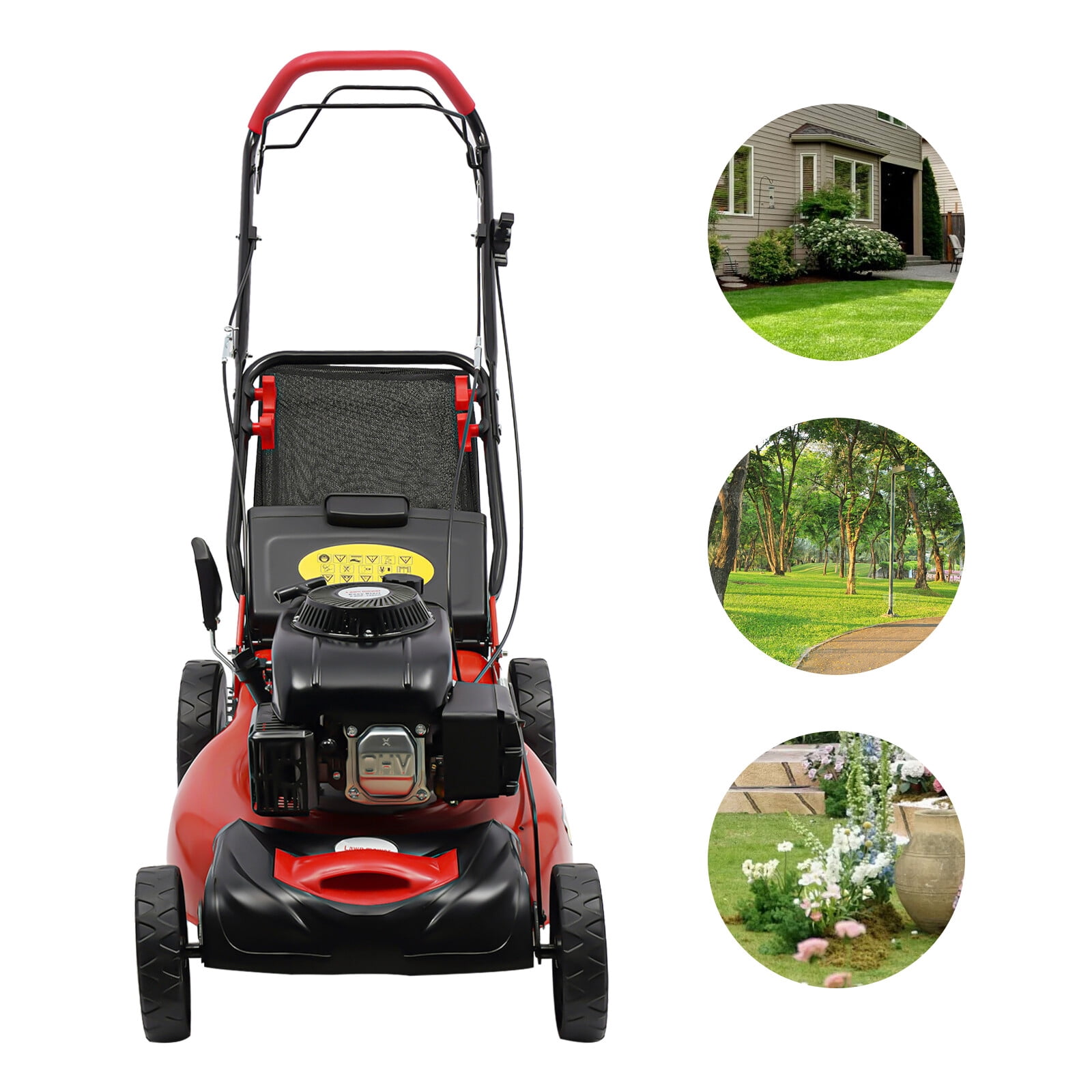 Self-Propelled Gas Powered Lawn Mower with Bagger with 4-Stroke Engine 20” 173cc 5HP Steel, Nylon, Manganese Steel Red, Black
