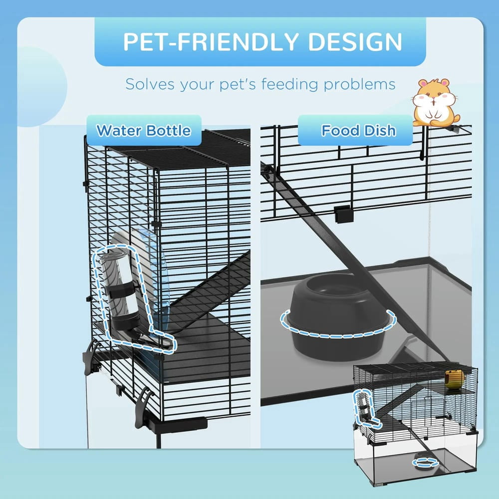 Spaco 23.5" Hamster Cage, Gerbil Cage with Glass Basin, Pet Cage for Small Hamsters, Black