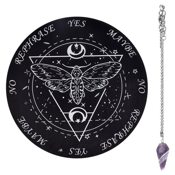 Black Pendulum Board Wooden Divination Board Metaphysical Dowsing Board with Purple Crystal Dowsing Pendulum Necklace for Witch Wiccan Altar Supplies Witchcraft Kit